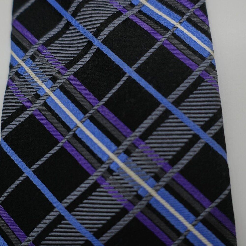 Pronto Uomo Black Purple Blue Plaid Silk Tie Long - Picture 2 of 7